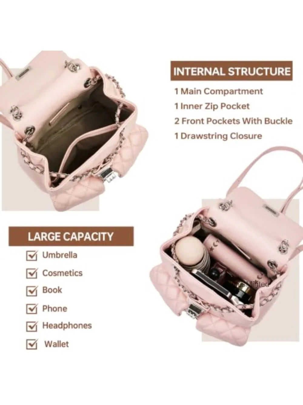 Quilted Faux Leather Mini Backpack Purse for Women Adjustable Straps